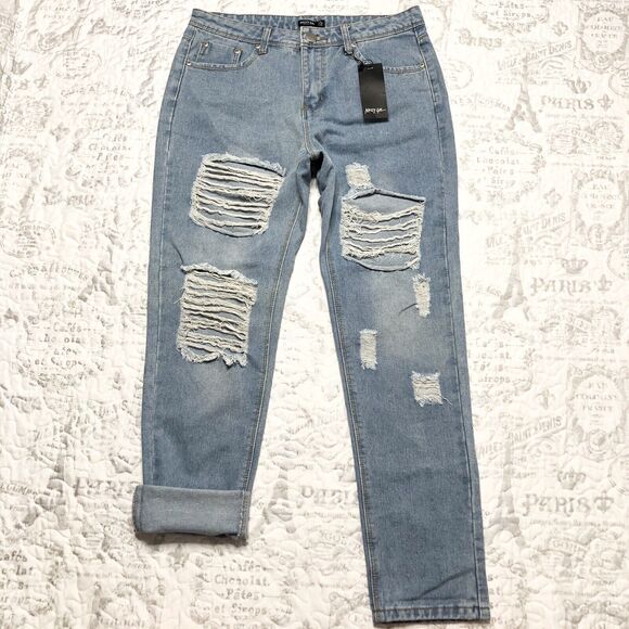 Nasty Gal Denim - Nastygal Gemma All Over Ripped Jean Blue Size 6 Slim Cropped Light Washed